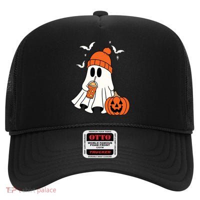 Pumpkin Spice Ghost Spooky Season High Crown Mesh Back Trucker Hat