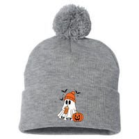 Pumpkin Spice Ghost Spooky Season Pom Pom 12in Knit Beanie