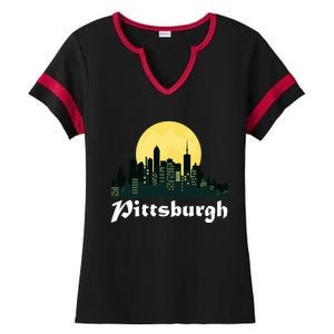 Pittsburgh Skyline Glowing Moon Pittsburgh City Night Ladies Halftime Notch Neck Tee