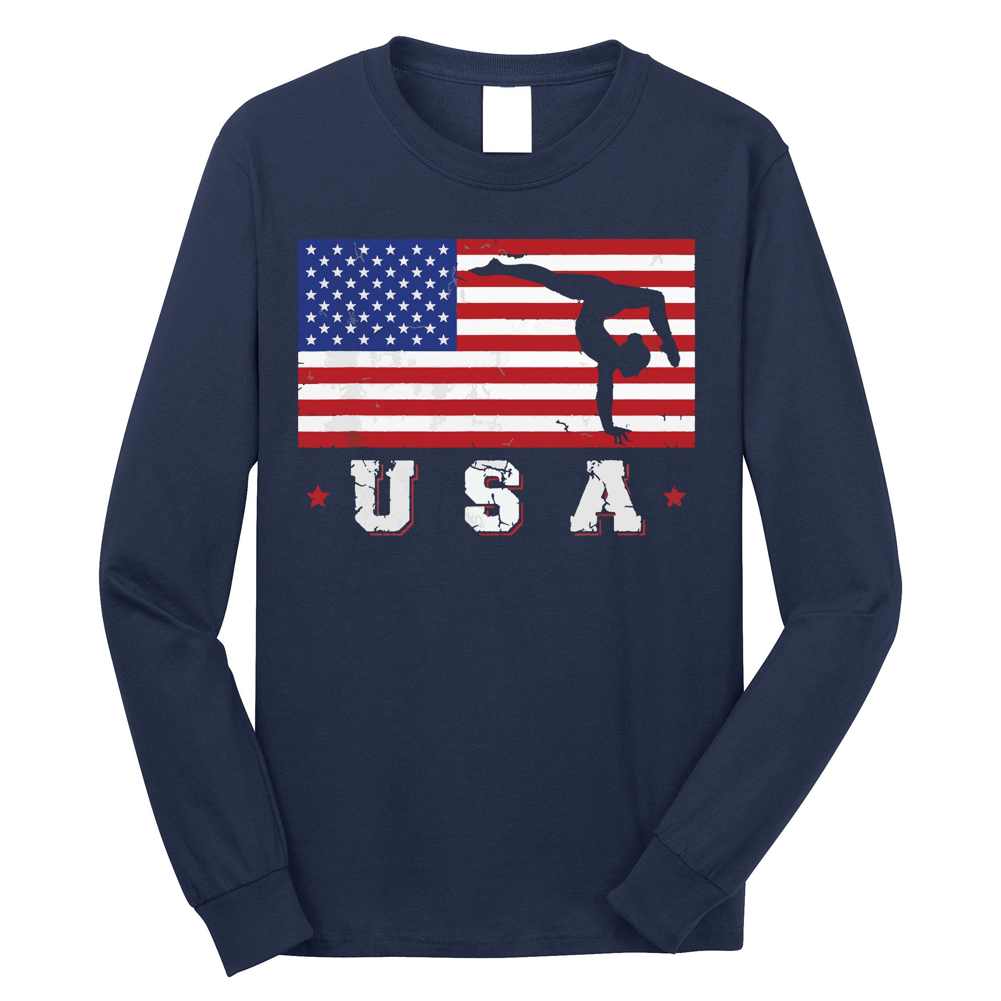 Patriotic Sports Gift American USA Flag Girl Gymnastics Long Sleeve Shirt