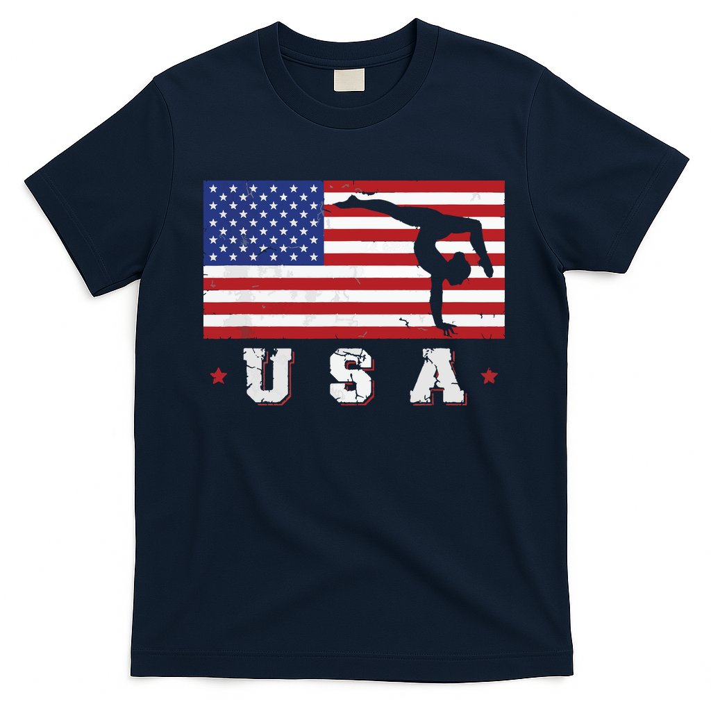 Patriotic Sports Gift American USA Flag Girl Gymnastics T-Shirt