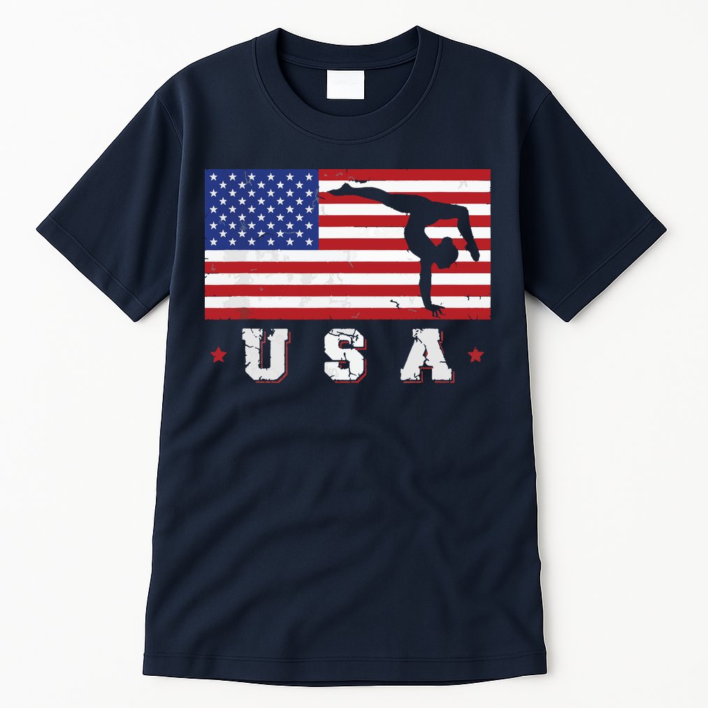 Patriotic Sports Gift American USA Flag Girl Gymnastics Tall T-Shirt