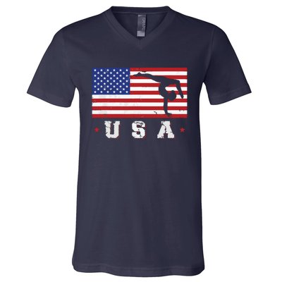 Patriotic Sports Gift American USA Flag Girl Gymnastics V-Neck T-Shirt