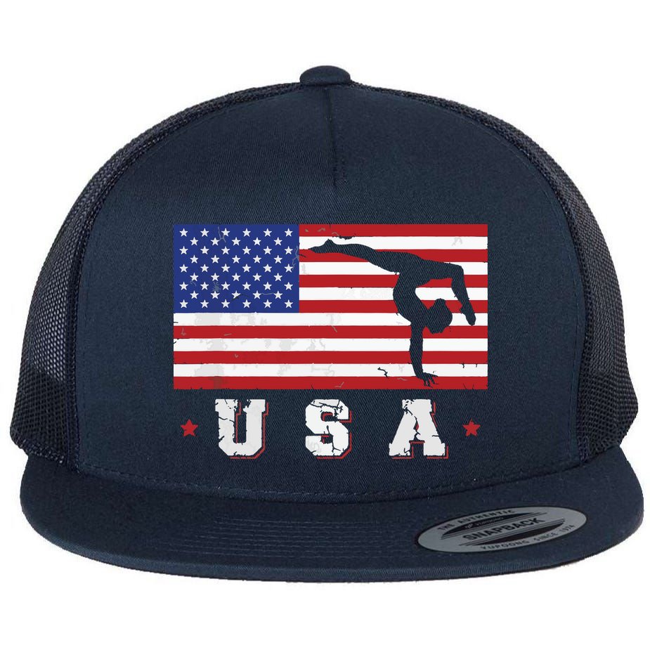 Patriotic Sports Gift American USA Flag Girl Gymnastics Flat Bill Trucker Hat