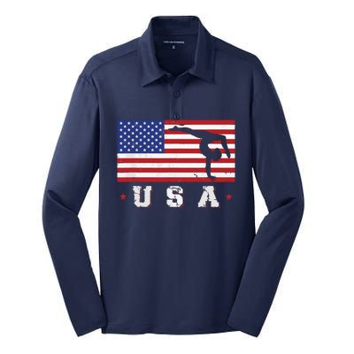 Patriotic Sports Gift American USA Flag Girl Gymnastics Silk Touch Performance Long Sleeve Polo