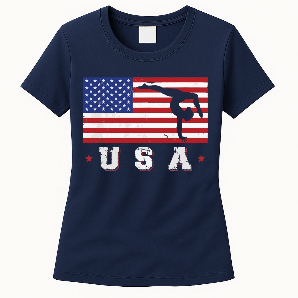 Patriotic Sports Gift American USA Flag Girl Gymnastics Womens T-Shirt