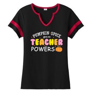 Pumpkin Spice Gives Me Teacher Powers Funny Fall Ladies Halftime Notch Neck Tee