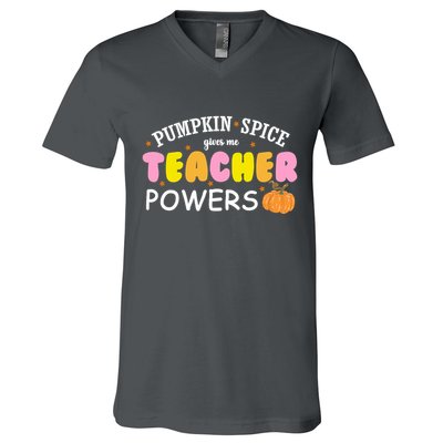 Pumpkin Spice Gives Me Teacher Powers Funny Fall V-Neck T-Shirt