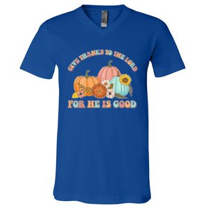 Pumpkin Stack Give Thanks To The Lord For He Is Good Autumn Funny Gift V-Neck T-Shirt