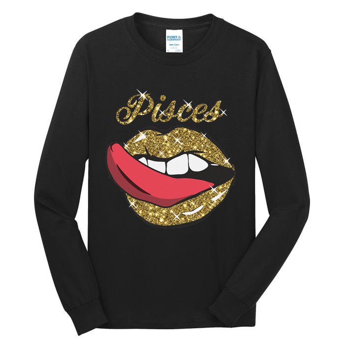 Pisces Sexy Golden Lips Tongue February March Birthday Tall Long Sleeve T-Shirt