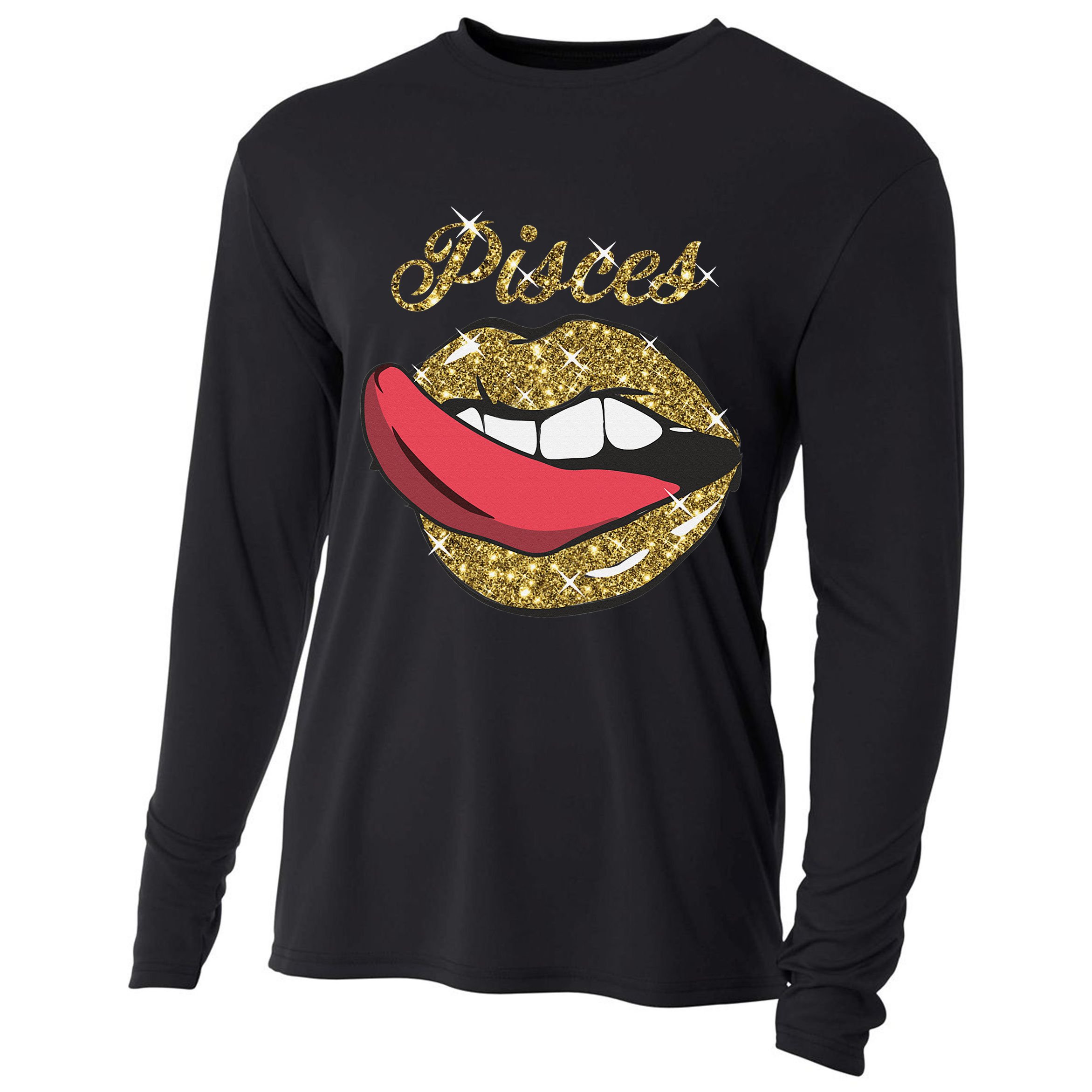 Pisces Sexy Golden Lips Tongue February March Birthday Cooling Performance Long Sleeve Crew