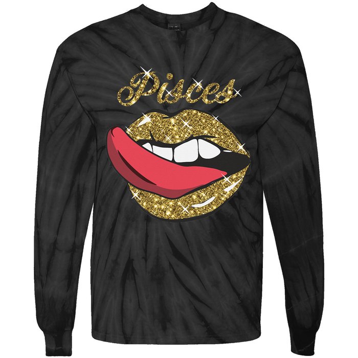 Pisces Sexy Golden Lips Tongue February March Birthday Tie-Dye Long Sleeve Shirt