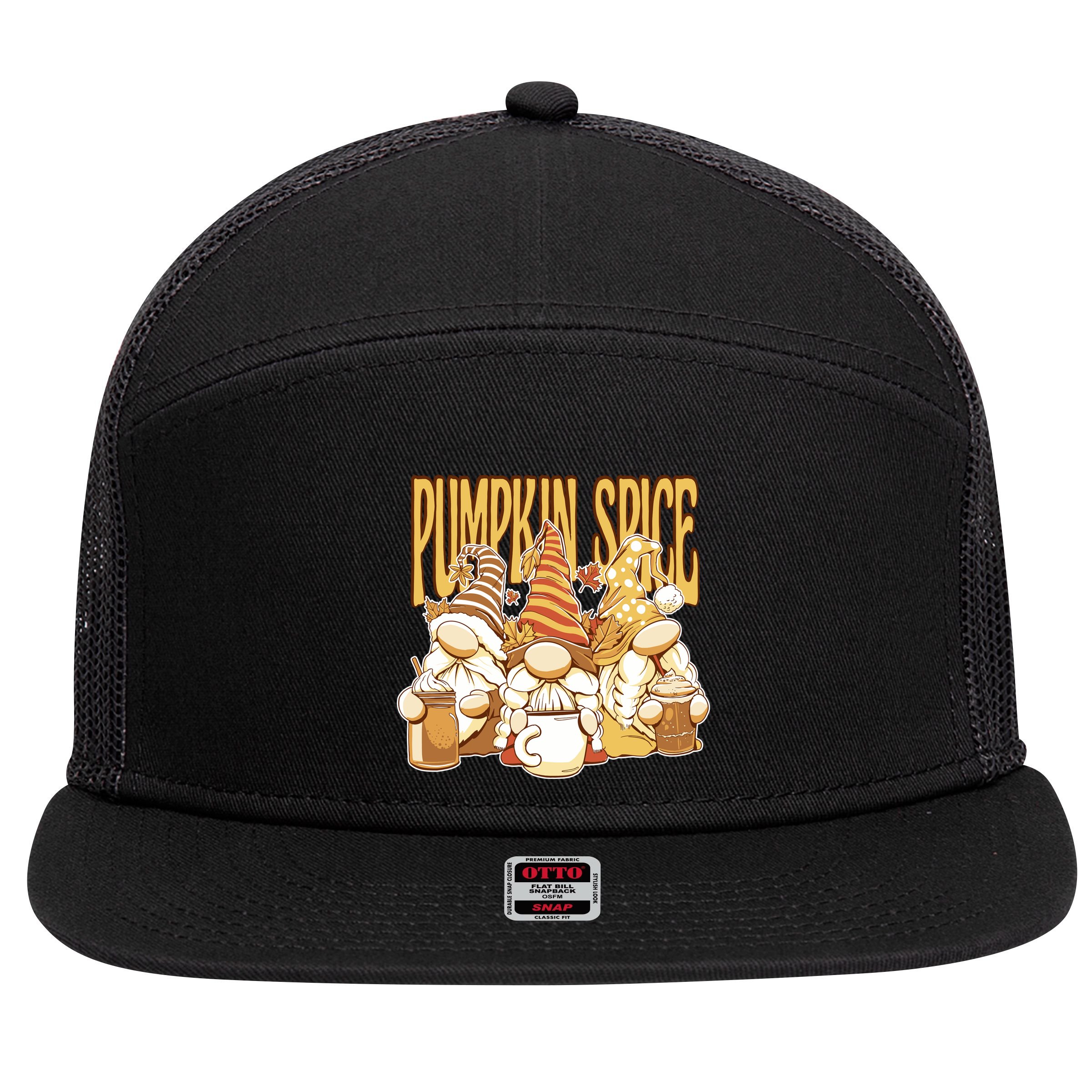 Pumpkin Spice Gnomes Autumn Lover 7 Panel Mesh Trucker Snapback Hat