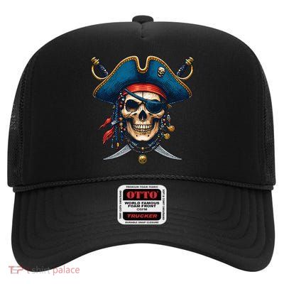 Pirate Skull Halloween High Crown Mesh Back Trucker Hat
