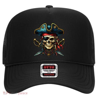 Pirate Skull Halloween High Crown Mesh Back Trucker Hat