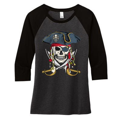 Pirate Skull Halloween Little Women's Tri-Blend 3/4-Sleeve Raglan Shirt