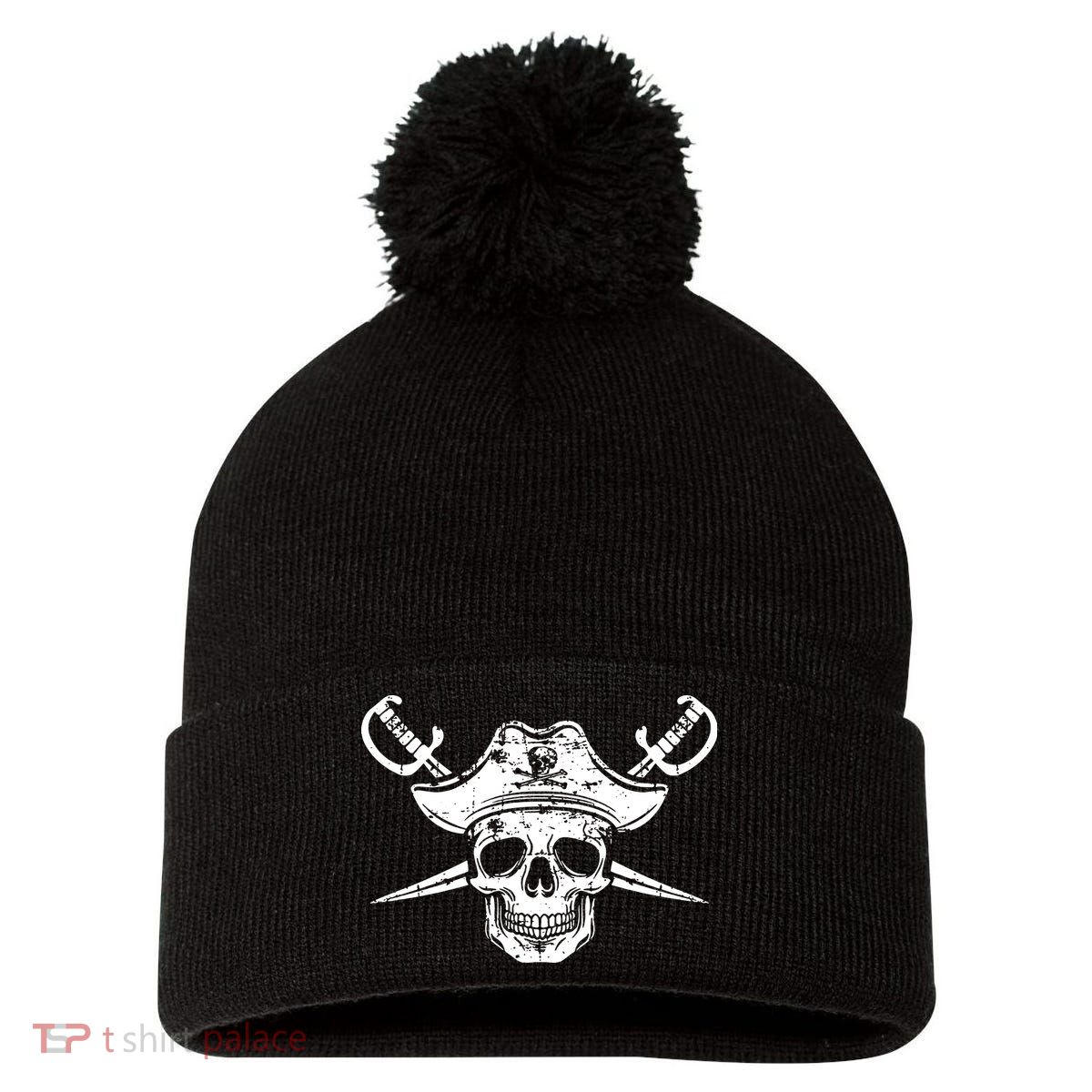 Pirate Skull Hat Swords Pom Pom 12in Knit Beanie