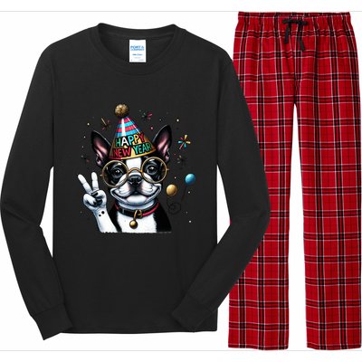 Peace Sign Hand Boston Terrier Happy New Year Gift Long Sleeve Pajama Set