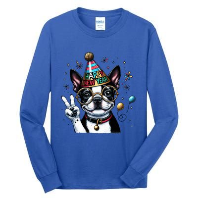 Peace Sign Hand Boston Terrier Happy New Year Gift Tall Long Sleeve T-Shirt