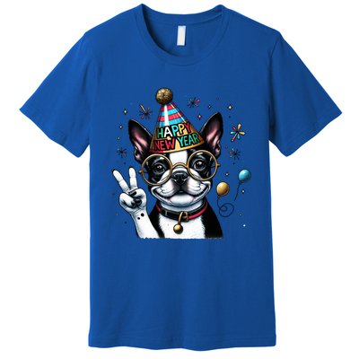 Peace Sign Hand Boston Terrier Happy New Year Gift Premium T-Shirt