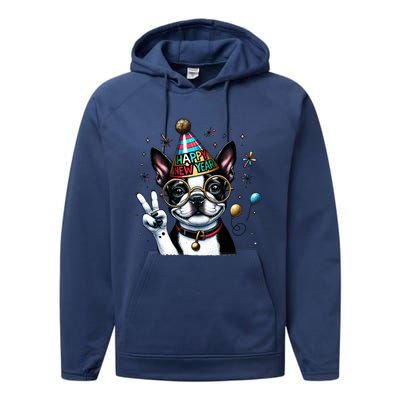 Peace Sign Hand Boston Terrier Happy New Year Gift Performance Fleece Hoodie