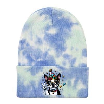 Peace Sign Hand Boston Terrier Happy New Year Gift Tie Dye 12in Knit Beanie