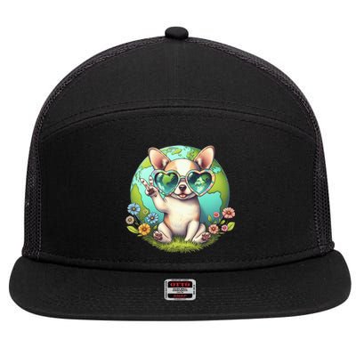 Peace Sign Hand Chihuahua Earth Day 7 Panel Mesh Trucker Snapback Hat