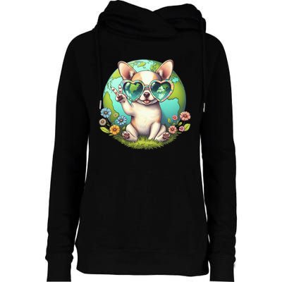 Peace Sign Hand Chihuahua Earth Day Womens Funnel Neck Pullover Hood