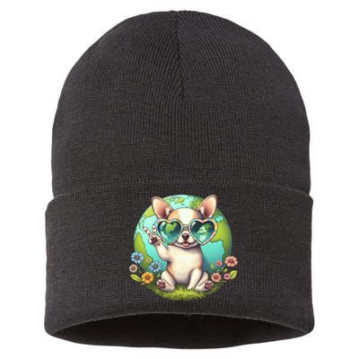 Peace Sign Hand Chihuahua Earth Day Sustainable Knit Beanie