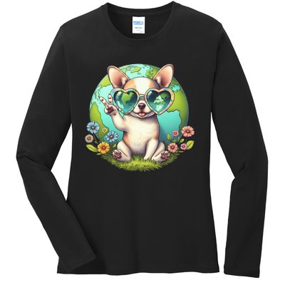 Peace Sign Hand Chihuahua Earth Day Ladies Long Sleeve Shirt