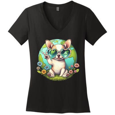 Peace Sign Hand Chihuahua Earth Day Women's V-Neck T-Shirt