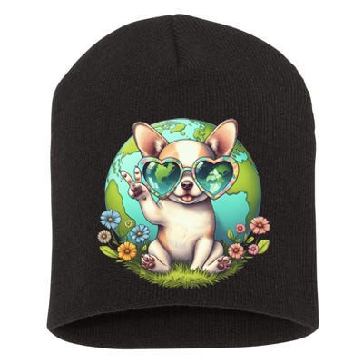 Peace Sign Hand Chihuahua Earth Day Short Acrylic Beanie