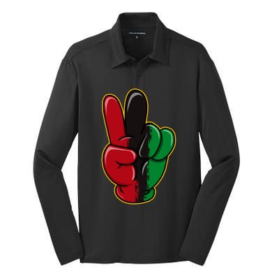 Peace Sign Hand With African Juneteenth Victory Peace Finger Great Gift Silk Touch Performance Long Sleeve Polo