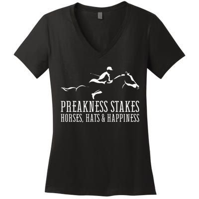 Preakness Stakes Horses Hats & Happiness Horse Racing Derby Women's V-Neck T-Shirt