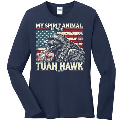 Patriotic Spitting Hawk Tuah Meme Tuah Hawk Spirit Animal Ladies Long Sleeve Shirt