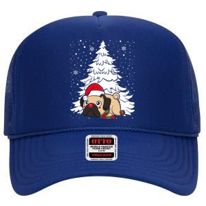 Pug Santa Hat Christmas Tree Dogs Lovers Xmas Pajama Cute Gift High Crown Mesh Back Trucker Hat