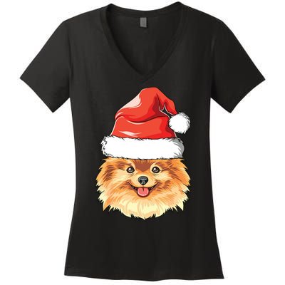 Pomeranian Santa Hat Christmas Pomeranian Women's V-Neck T-Shirt