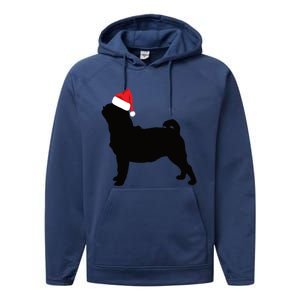 Pug Silhouette In Santa Hat Funny Christmas Dog Lover Funny Gift Performance Fleece Hoodie