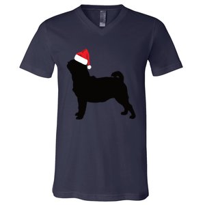 Pug Silhouette In Santa Hat Funny Christmas Dog Lover Funny Gift V-Neck T-Shirt