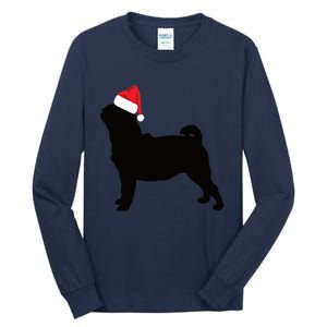 Pug Silhouette In Santa Hat Funny Christmas Dog Lover Funny Gift Tall Long Sleeve T-Shirt