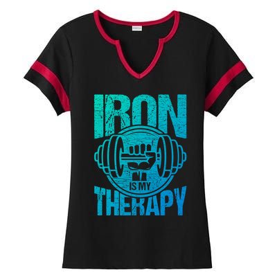 Powerlifting Strong Iron Is My Therapy Fitness Gym Gift Ladies Halftime Notch Neck Tee