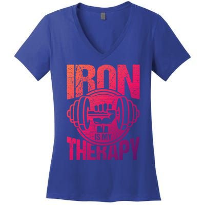 Powerlifting Strong Iron Is My Therapy Fitness Gym Gift Women's V-Neck T-Shirt