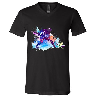 Paint Splash Ice Hockey Player Gifts V-Neck T-Shirt