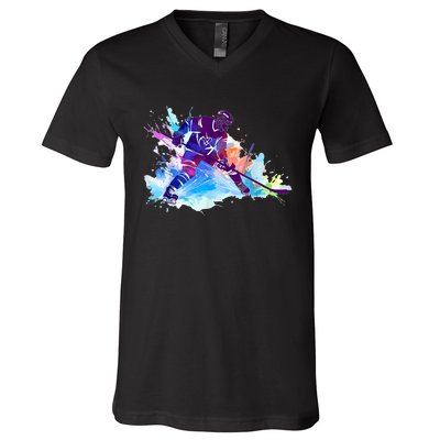 Paint Splash Ice Hockey Player Gifts V-Neck T-Shirt