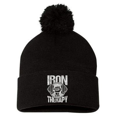 Powerlifting Strongman Iron Is My Therapy Pom Pom 12in Knit Beanie