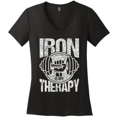 Powerlifting Strongman Iron Is My Therapy Women's V-Neck T-Shirt