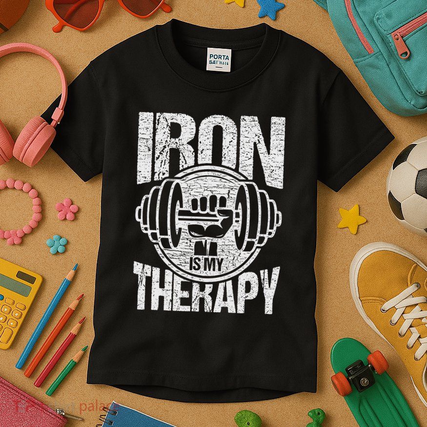 Powerlifting Strongman Iron Is My Therapy Kids T-Shirt