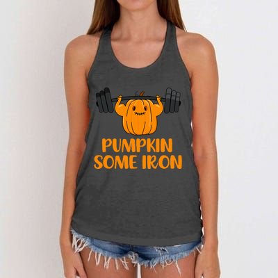 Pumpkin Some Iron Halloween Gym Workout Lifting Pun Women's Knotted Racerback Tank