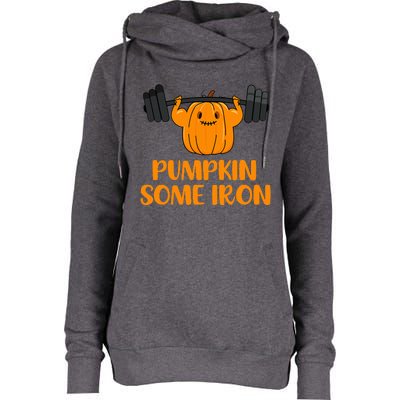 Pumpkin Some Iron Halloween Gym Workout Lifting Pun Womens Funnel Neck Pullover Hood