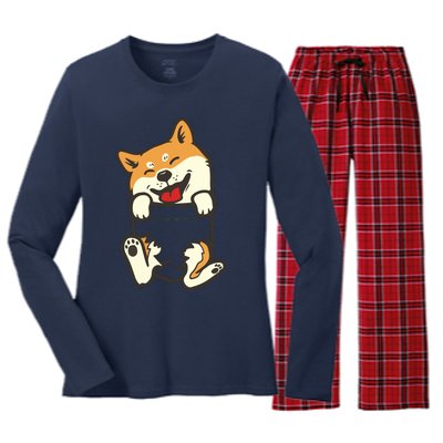 Pocket Shiba Inu Feet Cute Doge Akita Dog Lover Owner Gift Women's Long Sleeve Flannel Pajama Set 